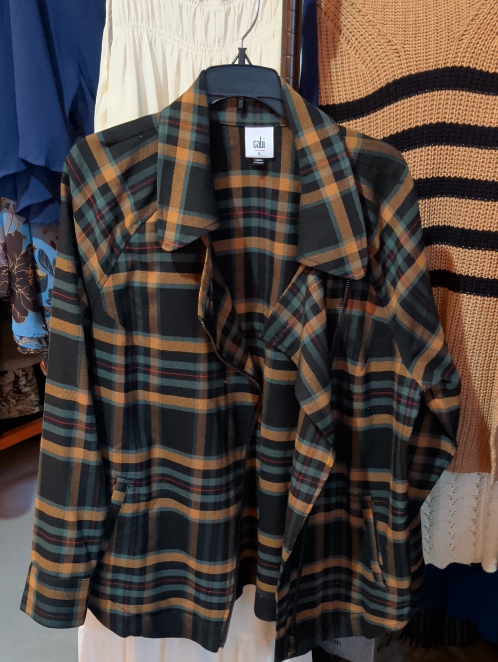 CAbi Plaid Blazer in Olive, Tan & Black
